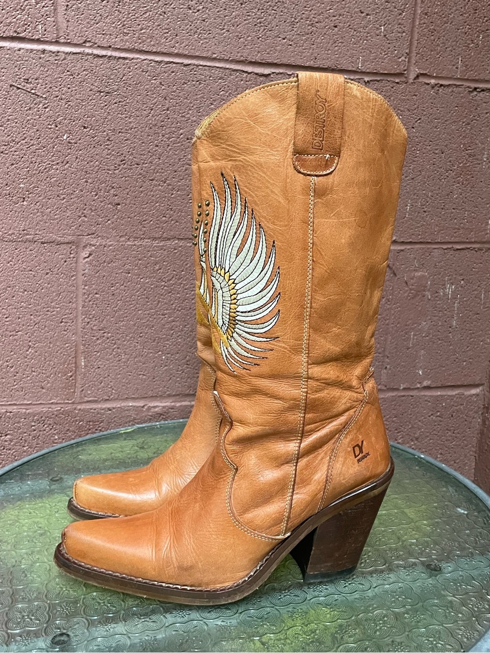 Destroy Vintage Western Embroidered Angel Wings Heeled Boots Size 37